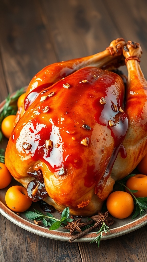 Golden roasted turkey glazed with apricot on a rustic table, surrounded by herbs and spices.